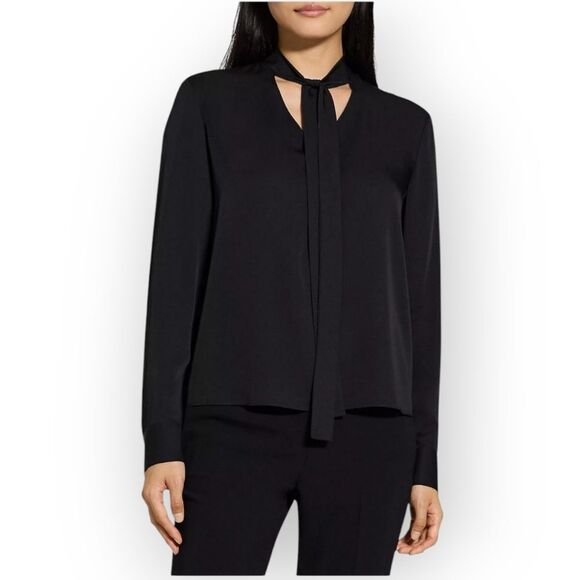 Theory 100% Silk Black Long Sleeve Tie Front Blouse Sz S - Picture 1 of 10